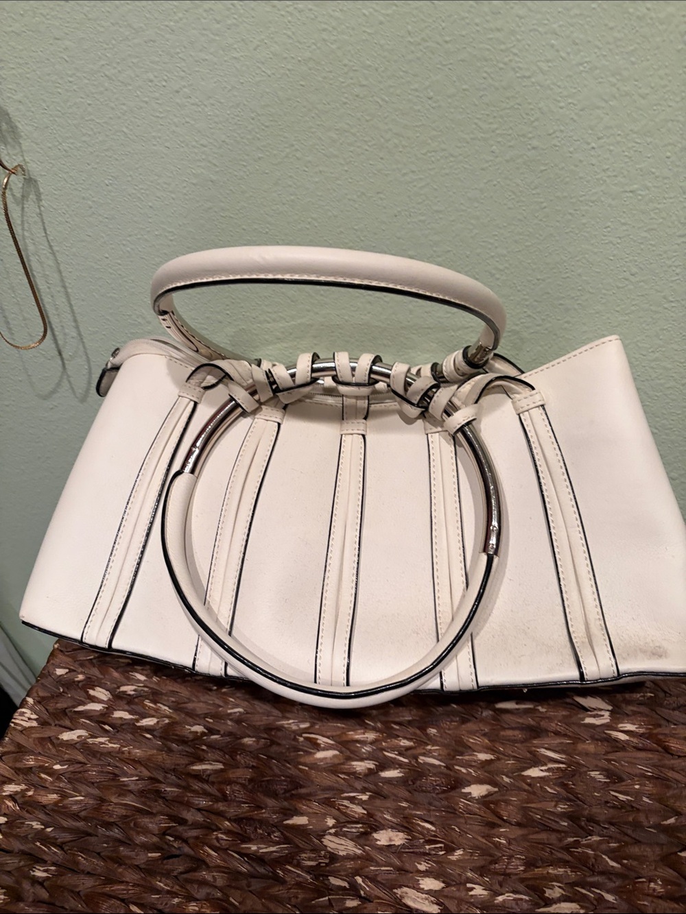 White Structured Top-Handle Satchel with Metal Ring Accent